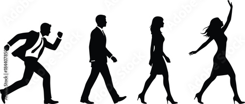 Business people walking and running silhouettes, men and women movement poses, career progress, ambition, success journey, professional lifestyle concept
