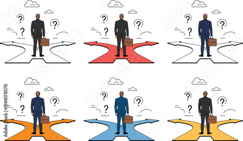 Businessman at a Crossroads: Multiple Paths and Uncertain Decisions