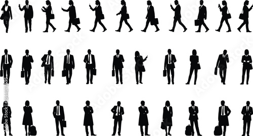 Business professional silhouette set, corporate poses, mobile and briefcase, workplace attire, black vector art, office people, career icons