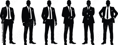 Businessman silhouette collection in formal suits, professional male corporate standing poses, leadership style, executive fashion isolated on white background