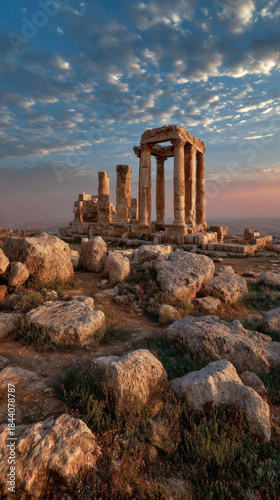 Ancient Roman Ruins Illuminated Under Dramatic Sunset Sky