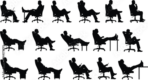 Businessman relaxing silhouette set sitting on office chair, thinking, resting, using laptop and phone, corporate workplace lifestyle isolated on white background
