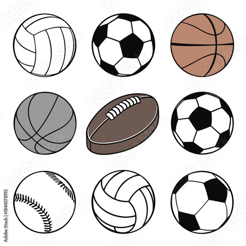 Collection of nine different sports balls including volleyball, soccer ball, baseball and basketball balls