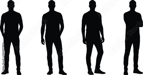 Casual man standing silhouette illustration set showing different relaxed poses, modern male lifestyle, minimal fashion concept, black and white vector