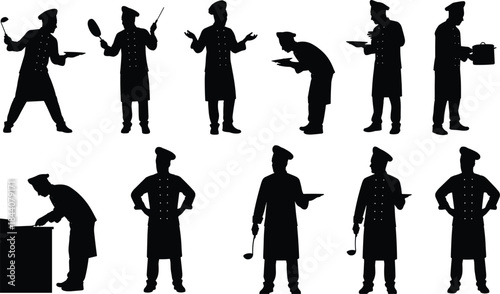 Chef silhouette set cooking and serving food, professional kitchen poses, culinary occupation, restaurant staff isolated on white background