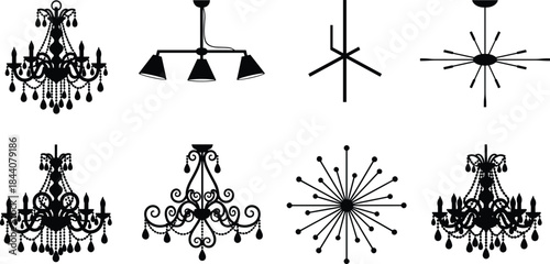 Chandelier silhouette set, ceiling light fixtures, ornate and modern styles, interior lighting design, black vector art, home decor elements
