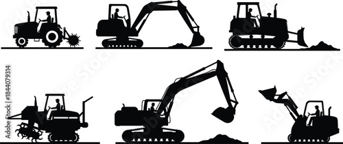 Construction and agriculture machinery, silhouette illustration, heavy equipment, excavator, bulldozer, tractor, loader, rotary tiller, black vector art, ground operation