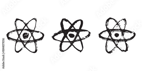 Set of hand drawn atom sign Molecule clipart in doodle style Symbol of science, education, nuclear energy, scientific research, molecular chemistry Single element for print, web, design