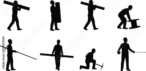 Construction worker silhouette set, builder carrying materials and tools, industrial labor poses, manual work industry illustration collection