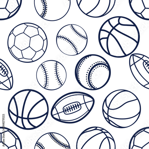 A repeating pattern of outlined sports balls including baseballs, basketballs, footballs and soccer balls