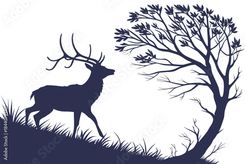 A black silhouette vector illustration of a wild deer, stag, or reindeer with large antlers isolated on white, perfect for Christmas, wildlife, or hunting designs