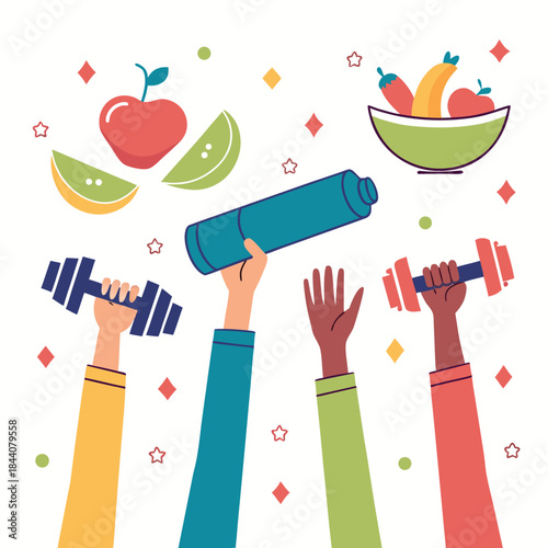 Diverse hands holding fitness equipment and healthy food promoting wellness and healthy lifestyle choices