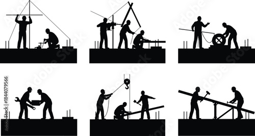 Construction workers silhouette illustration set showing teamwork, building process, industrial labor scenes, black and white minimalist vector design
