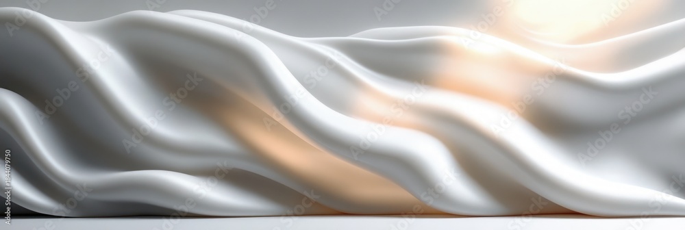 Fototapeta premium Smooth white satin fabric folds with gentle light reflections creating soft glowing highlights and a serene flowing texture