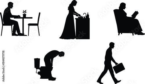Daily life activities silhouettes, people at home and work, routine lifestyle moments, reading, eating, working, hygiene, domestic scenes