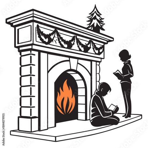 fireplace scene with people reading books clip art preview