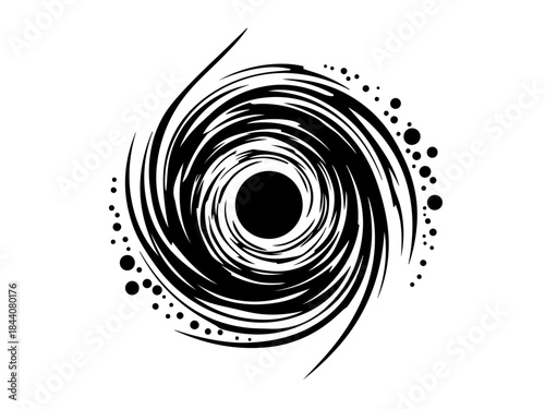 Abstract swirling vortex with a dark center and scattered dots, representing a black hole or storm.