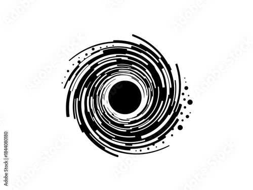 Abstract black and white swirling vortex with a central black circle and scattered dots.
