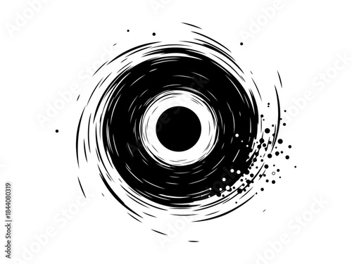 Abstract illustration of a black hole with swirling matter and small particles being pulled in.