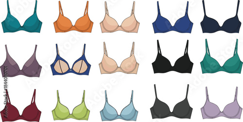 Colorful Collection of Women's Underwear, Various Bra Styles, Fashion Lingerie, Padded Brassieres, Vector Illustration Set on White Background