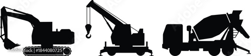 Construction vehicles silhouette, excavator, mobile crane, concrete mixer truck, heavy machinery illustration, civil engineering equipment, industrial transport, building site tools