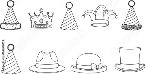 Colorful party hats, royal crown, jester hat, fedora, bowler, top hat, festive headwear collection, celebration accessories, costume elements, isolated
