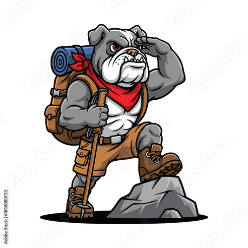 Bulldog hiker on mountain adventure with backpack and trekking pole