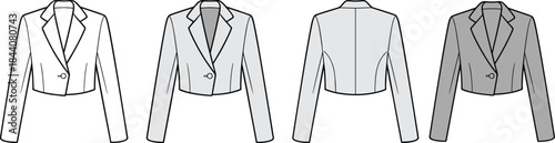 Cropped blazer jacket front view, cropped blazer jacket back view, fashion design illustration, garment construction sketch, clothing retail vector template