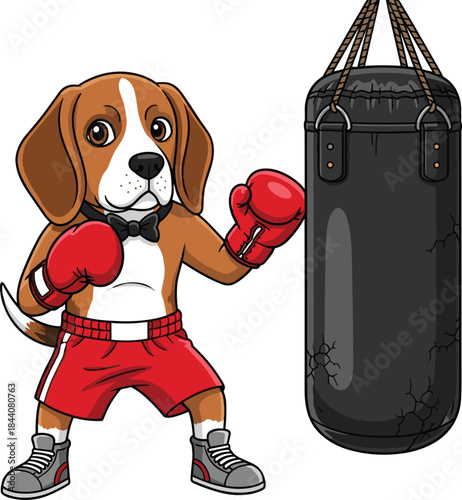 Cute beagle dog cartoon illustration wearing red boxing gloves and shorts, training with a heavy punching bag, depicting strength, fitness, and determination.