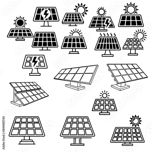Renewable Energy Icons. renewable energy credits. Icon set. Set Logo of renewable energy credits: solar panel