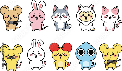 Cute cartoon animals, expressive faces, vector illustration, mouse with gun, rabbit, dog, lion, cat, playful style, colorful characters