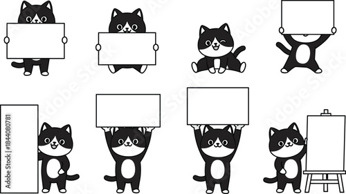 Cute cartoon black and white tuxedo cat holding various blank white signs and canvases, set of funny kitten characters for promotion or message display.