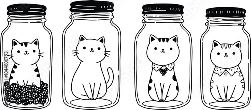 Cute cartoon cats inside glass jars, black and white illustration, whimsical feline artwork, funny animal drawing, creative pet sketch design