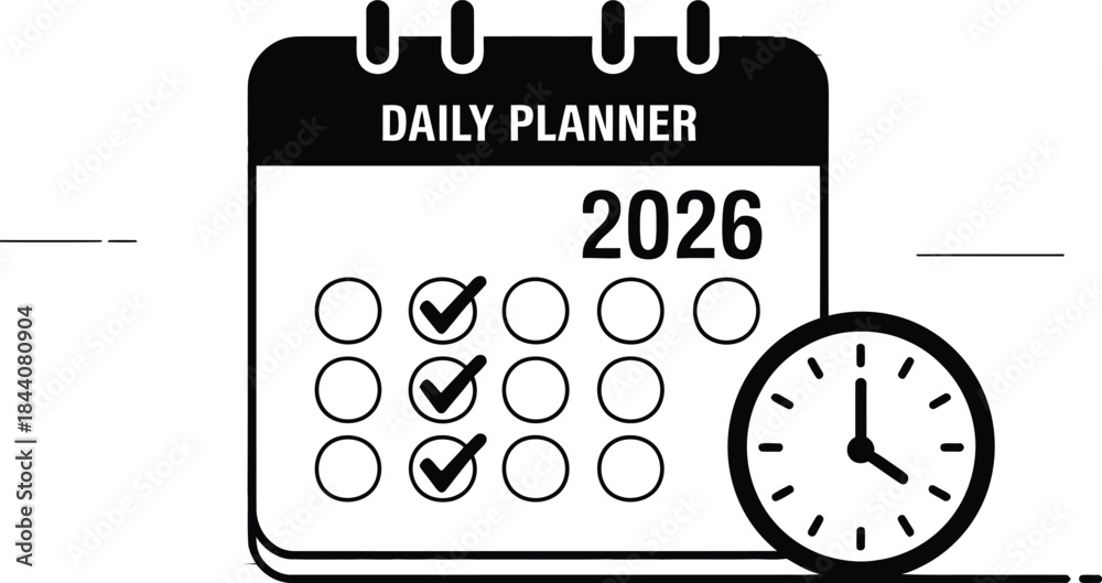 Obraz premium Daily Planner 2026 with Checked Tasks and Clock