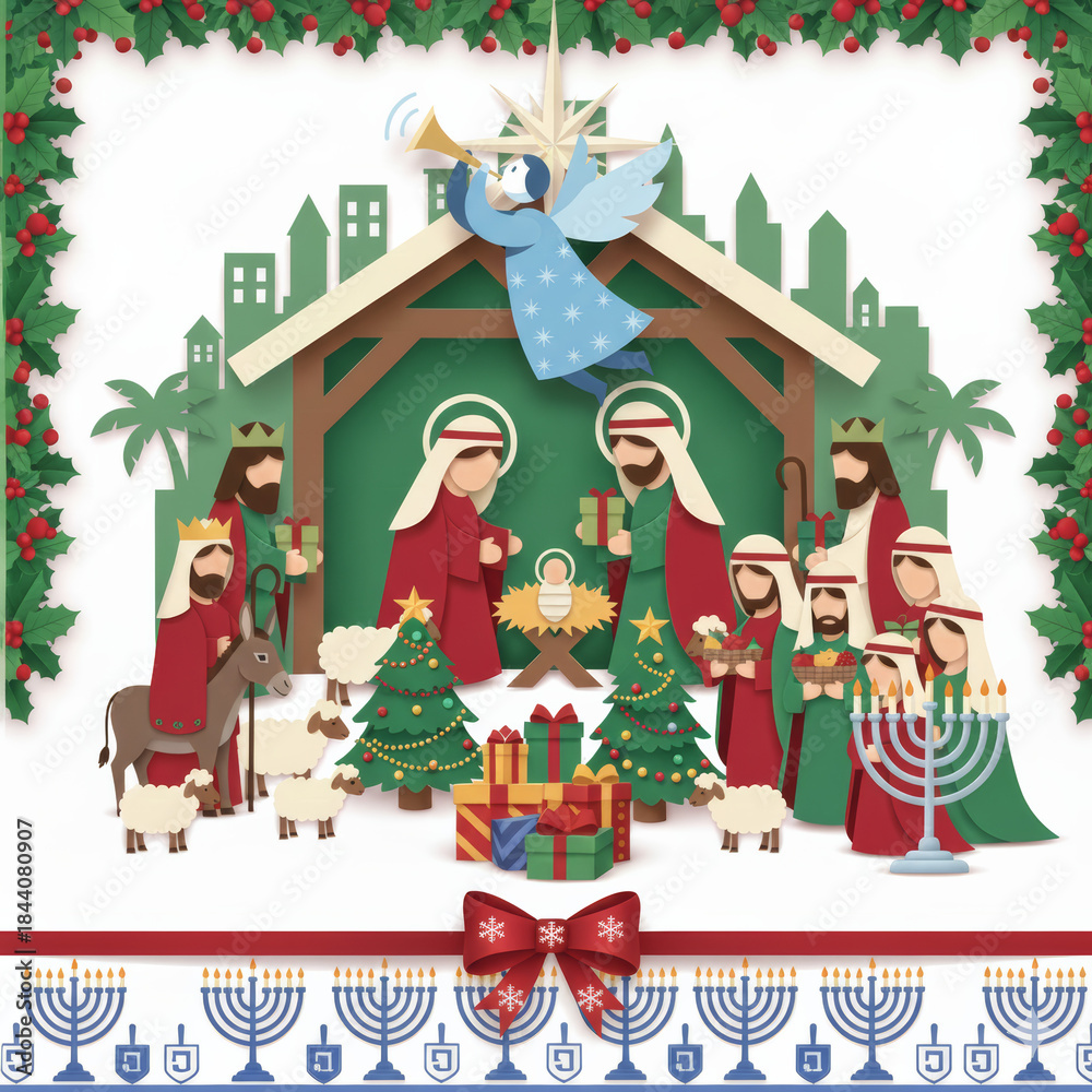 Fototapeta premium A layered paper cut style illustration combining the Christian Christmas Nativity scene with the Jewish Hanukkah celebration. 