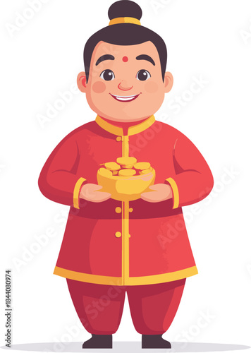 Child dressed in traditional Chinese costume holding gold ingots