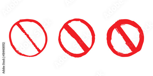 Set of hand drawn prohibition sign No entry symbol Red circle with cross line clipart in doodle style Ban Restriction Forbidden stop Single element for print, web, design