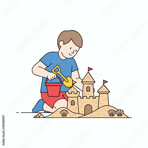 A child builds a sandcastle with a bucket and shovel. Beachside