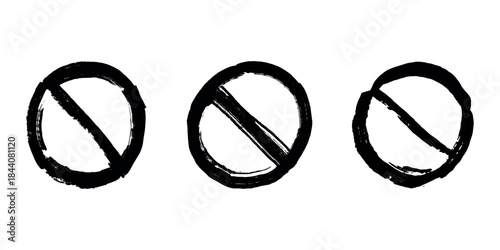 Set of hand drawn prohibition sign No entry symbol Black circle with cross line clipart in doodle style Ban Restriction Forbidden stop Single element for print, web, design