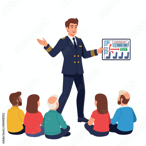 A pilot shows an emergency exit map to seated passengers