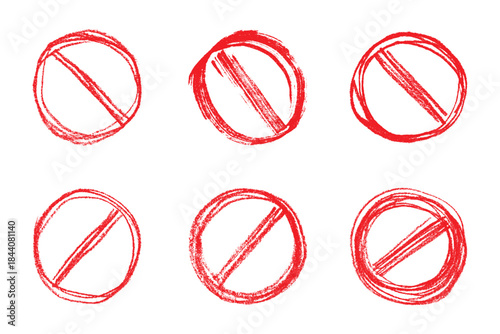 Set of hand drawn prohibition sign No entry symbol Red circle with cross line clipart in doodle style Ban Restriction Forbidden stop Single element for print, web, design