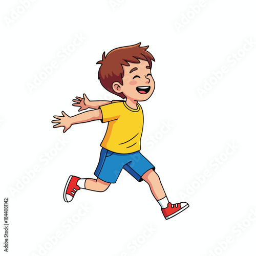 Cartoon boy running, arms outstretched, cheerful expression, wearing shorts, tee and red shoes
