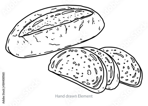 Artisanal Loaf with Sliced Bread: An elegant illustration of a freshly baked, crusty loaf of bread alongside perfectly sliced pieces, showcasing a staple of the culinary world.
