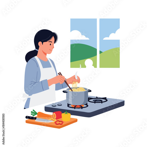 A woman cooks pasta. Vegetables sit on a cutting board; a window looks out over green hills