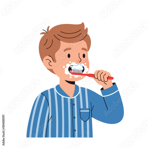 A cartoon child brushes their teeth while wearing blue pajamas