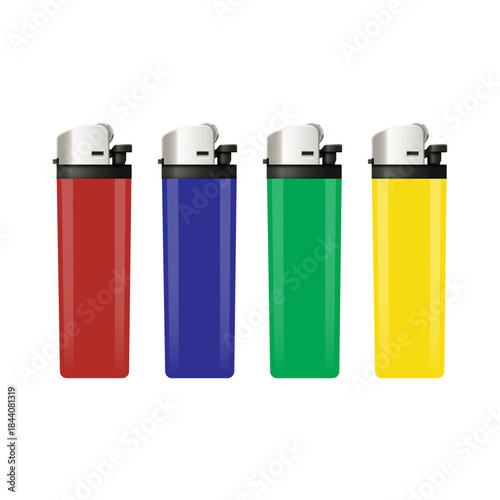 A set of multicolored realistic disposable gas lighter illustration. Editable EPS 10 vector graphic isolated on white background.