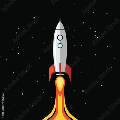 A cartoon rocket ship blasts off, flames spewing from the engine, starry night background