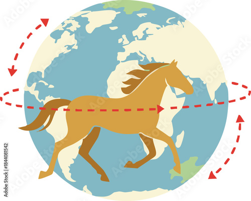 Running horse around the globe with travel routes