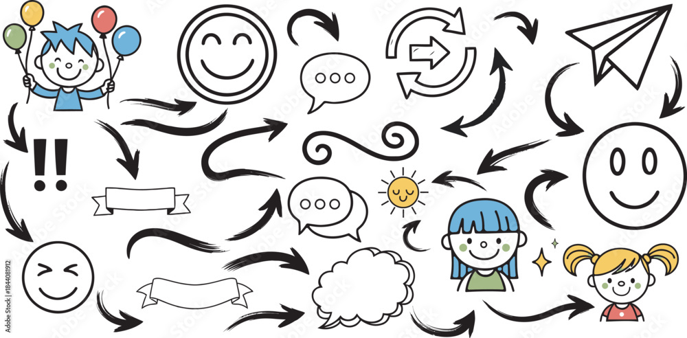 Fototapeta premium Hand Drawn Doodle Communication Icons Set with Arrows and Emojis
