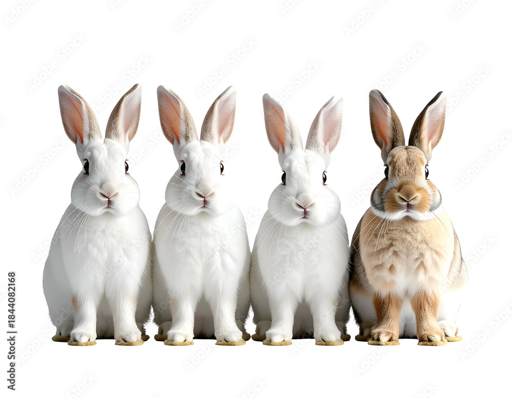 Fototapeta premium Four fluffy rabbits, three white, one brown, seated